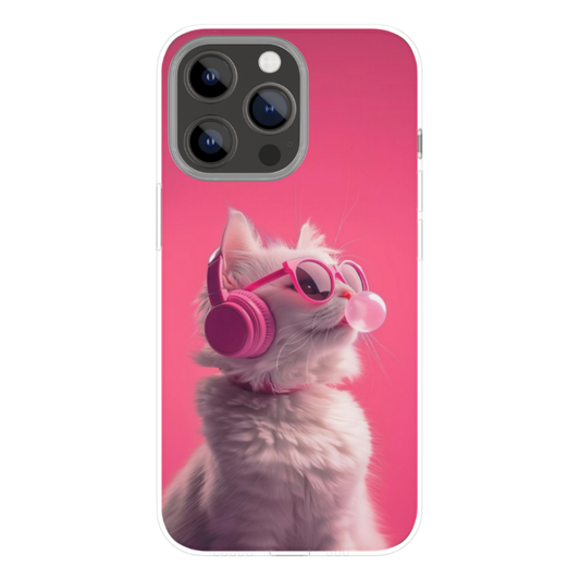 Cute Cat Music Aesthetic Phone Case | Pink Headphones & Bubblegum Design | Premium Gloss Finish Back Cover | Compatibility: Universal (All Mobile Phones)