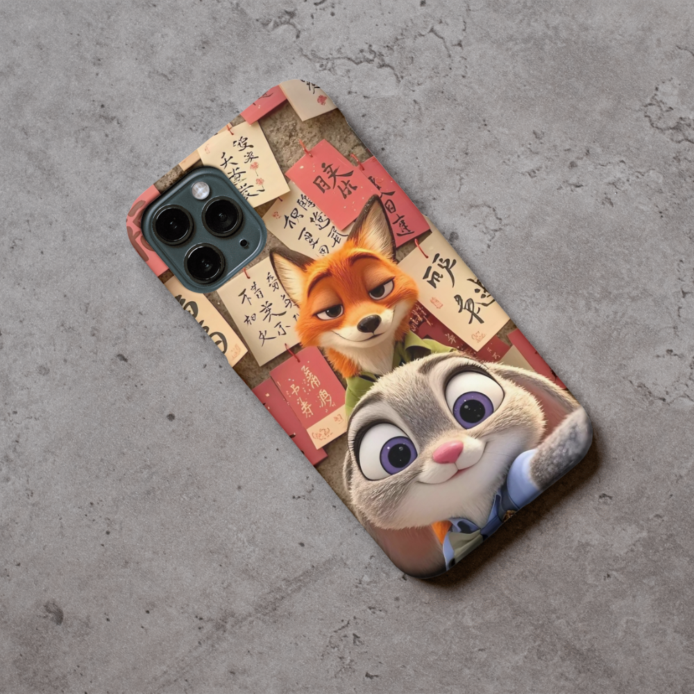 Animated Detective Duo Phone Case Featuring N!ck W!lde & Jud„ H0pps | Cute Selfie Cartoon Design | Premium Metal Back Cover | Slim & Durable | Universal Compatibility (All Mobile Phones)