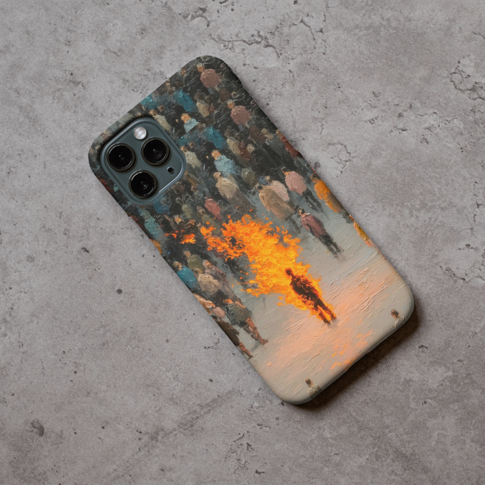 Abstract Fire Art Phone Case – Burning Silhouette Aesthetic Premium Metal Back Cover, Artistic Oil-Paint Style Design, Shockproof Slim Protective Case Compatible with All Smartphone Models