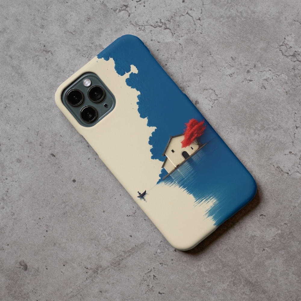 Minimal Lake House Aesthetic Phone Case – Artistic Landscape Premium Metal Back Slim Protective Cover, Serene Blue & Beige Design, Compatible with All Smartphone Models