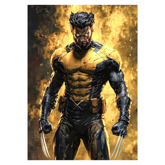 Premium Glossy Aluminium Metal Poster – Wolverine-Inspired Yellow & Black Warrior Artwork | HD Printed Aluminium Wall Decor for Bedroom, Gaming Room, Office & Studio | Waterproof, Fade-Proof Superhero Wall Frame