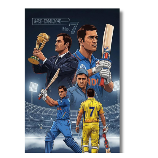 MS Dhoni No.7 Aluminium Glossy Metal Poster | Premium Cricket Wall Art | HD Metal Print for Bedroom, Living Room, Office & Man Cave | Waterproof, Fade-Proof Home Decor Frame