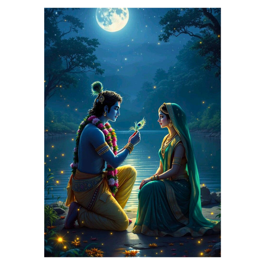 Premium Glossy Aluminium Metal Poster – Radha Krishna Moonlight Artwork | HD Hindu Spiritual Wall Decor for Home Temple, Living Room, Bedroom & Meditation Space | Waterproof, Fade-Proof Devotional Wall Frame