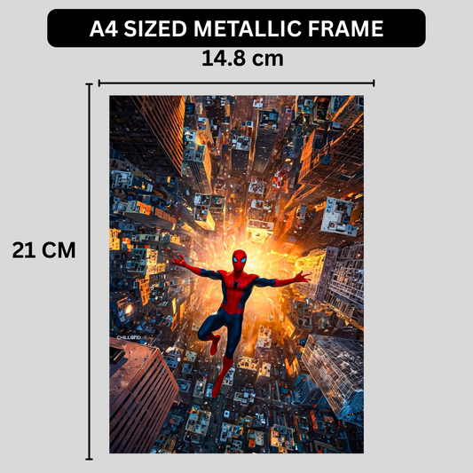 Premium Glossy Aluminium Metal Poster – Spider-Man Inspired City Dive Artwork | HD Printed Aluminium Wall Decor for Bedroom, Gaming Room, Office & Studio | Waterproof, Fade-Proof Superhero Frame