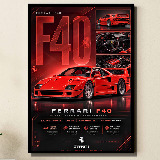 Luxury Ferrari F40 Supercar Frame | Premium Sports Car Wall Art for Bedroom, Office & Gaming Room | Luxury Automotive Wall Decor with HD Gloss Print | Hypercar Poster Gift