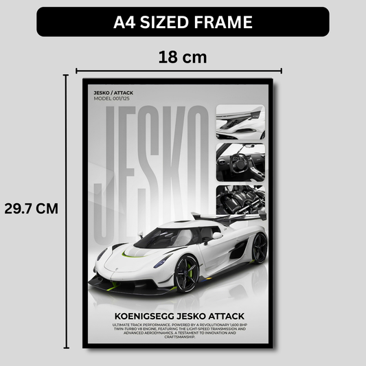 Jesko Attack Supercar Poster Frame A4 Size | Premium Sports Car Wall Art for Bedroom, Office & Gaming Room | Luxury Hypercar Wall Decor with HD Print | Modern Automotive Poster Gift