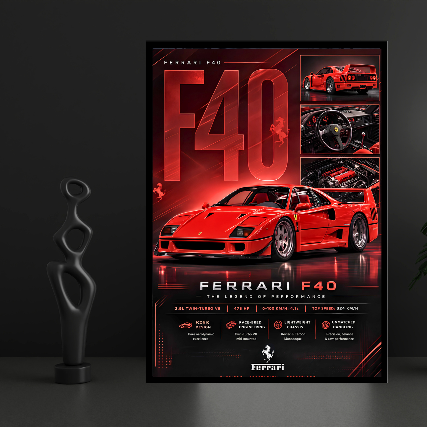 Luxury Ferrari F40 Supercar Frame | Premium Sports Car Wall Art for Bedroom, Office & Gaming Room | Luxury Automotive Wall Decor with HD Gloss Print | Hypercar Poster Gift