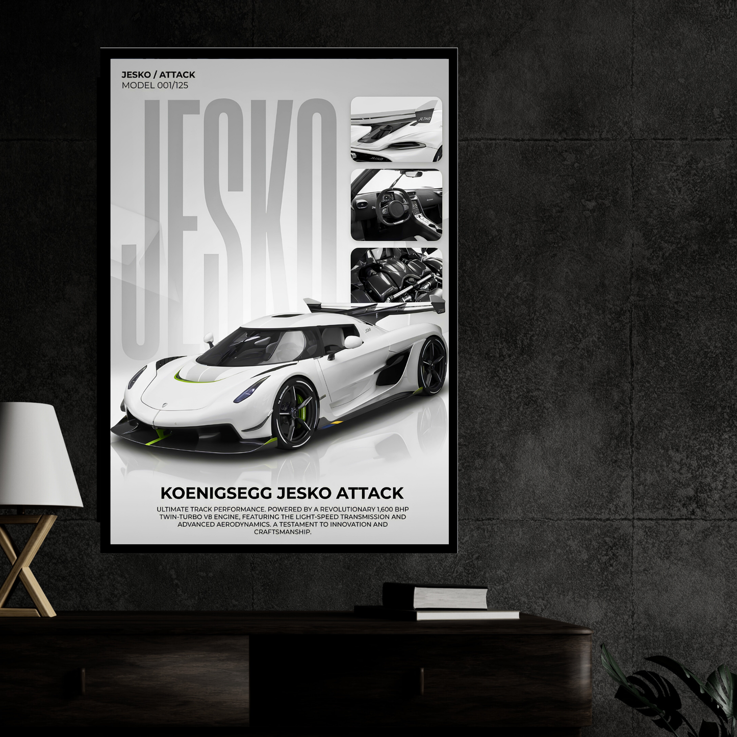 Jesko Attack Supercar Poster Frame A4 Size | Premium Sports Car Wall Art for Bedroom, Office & Gaming Room | Luxury Hypercar Wall Decor with HD Print | Modern Automotive Poster Gift