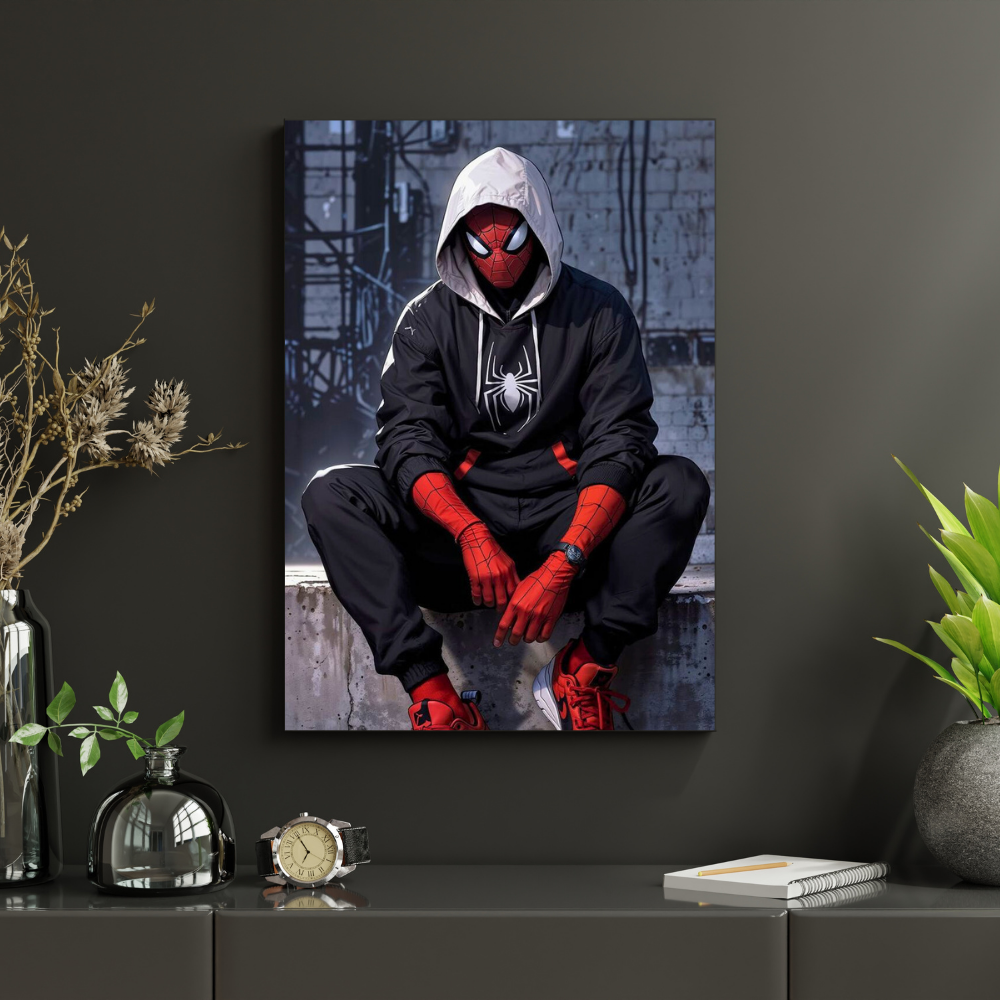 Premium Glossy Aluminium Metal Poster – Sp!der-Man Inspired Urban Hoodie Artwork | HD Printed Aluminium Wall Decor for Bedroom, Gaming Room, Studio & Office | Waterproof, Fade-Proof Superhero Wall Frame