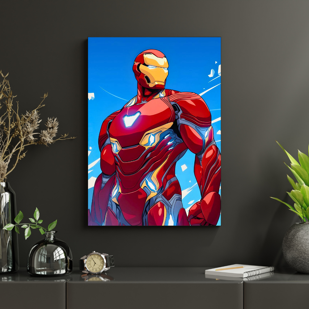 Premium Glossy Aluminium Metal Poster – Ir0n Man Inspired Red & Gold Armour Artwork | HD Printed Aluminium Wall Decor for Bedroom, Gaming Room, Office & Studio | Waterproof, Fade-Proof Superhero Wall Frame