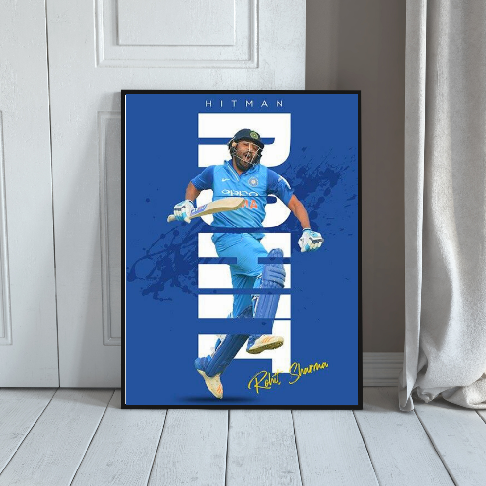 Rohit Sharma HITMAN Cricket Wall Art | Premium Glossy Aluminium Metal Poster Frame | Sports Room Decor | Ultra HD Print for Bedroom, Living Room, Office & Man Cave | Modern Home Decor Frame (Blue Edition)