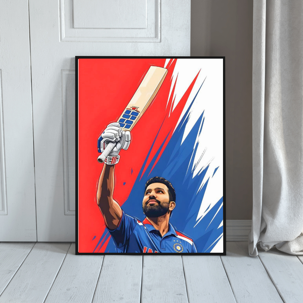 Rohit Sharma Cricket Poster | Aluminium Glossy Metal Frame | HD Wall Art for Bedroom, Living Room & Office | Cricket Legend Artwork | Premium Home Decor Panel | Metal Poster for Cricket Fans