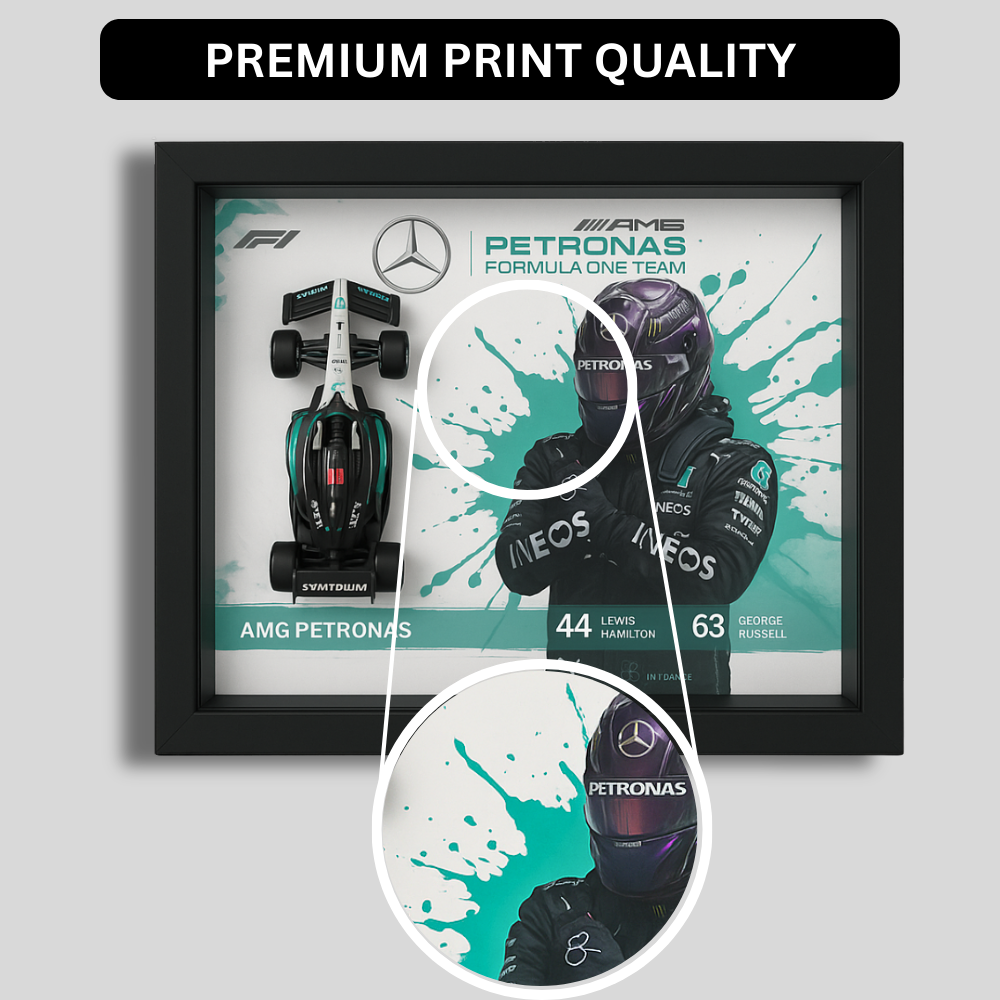 Premium Bburago AMG Petronas F1 Diecast 3D Car Frame – 1:43 Scale 3D Wall Art for Collectors & Motorsport Enthusiasts