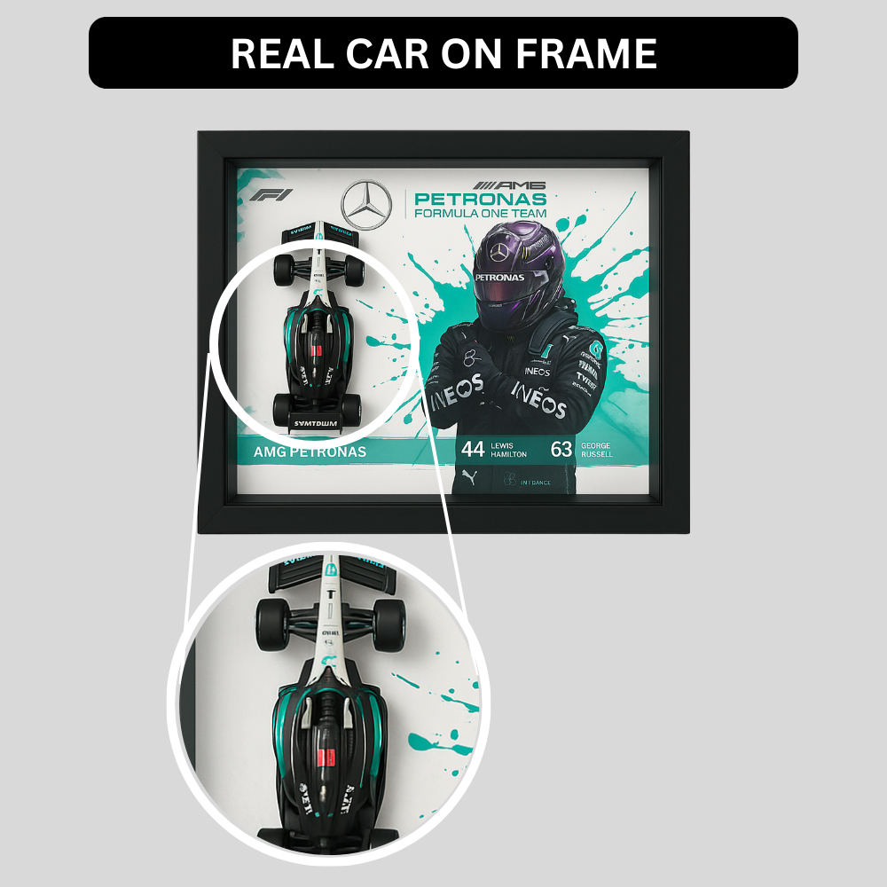 Premium Bburago AMG Petronas F1 Diecast 3D Car Frame – 1:43 Scale 3D Wall Art for Collectors & Motorsport Enthusiasts