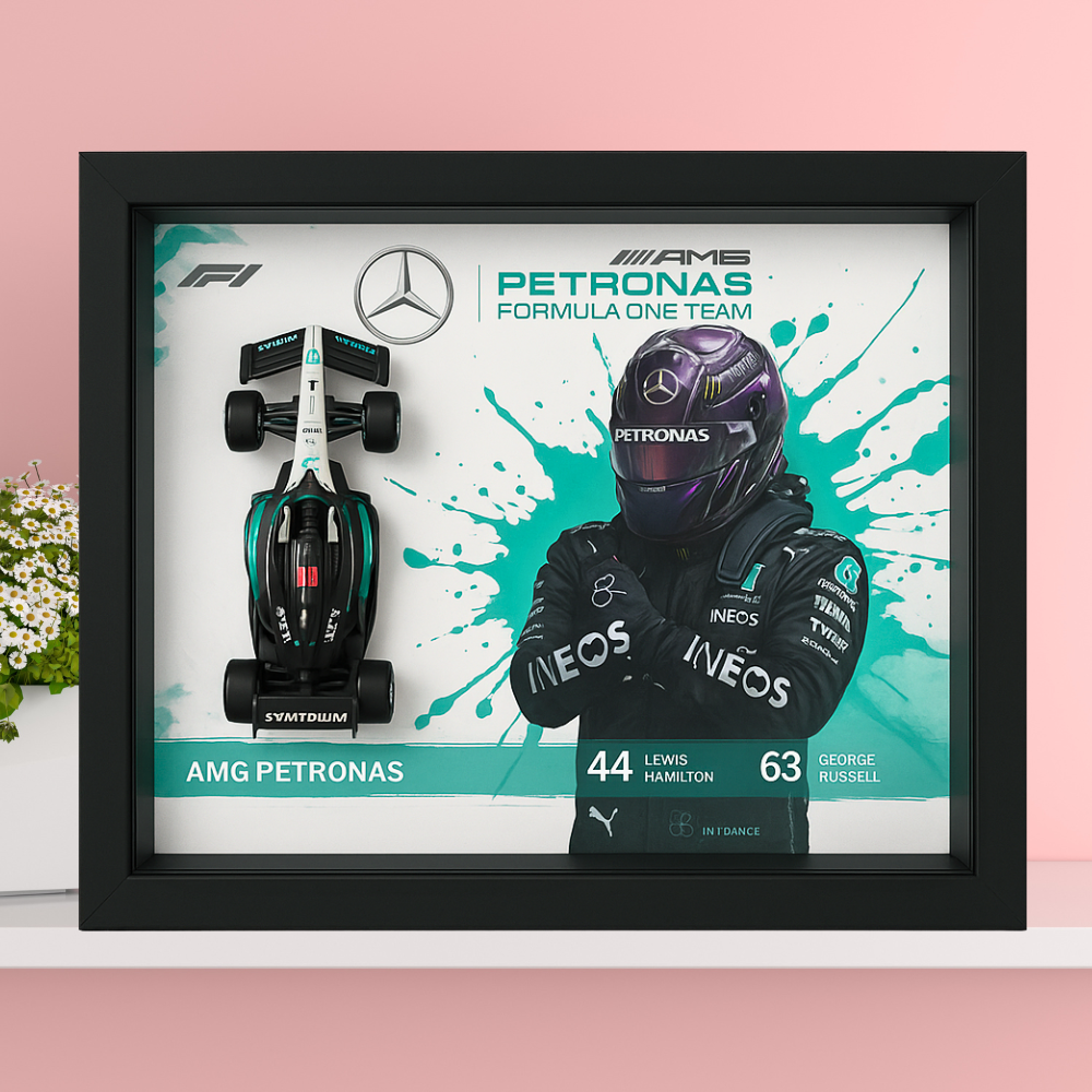 Premium Bburago AMG Petronas F1 Diecast 3D Car Frame – 1:43 Scale 3D Wall Art for Collectors & Motorsport Enthusiasts