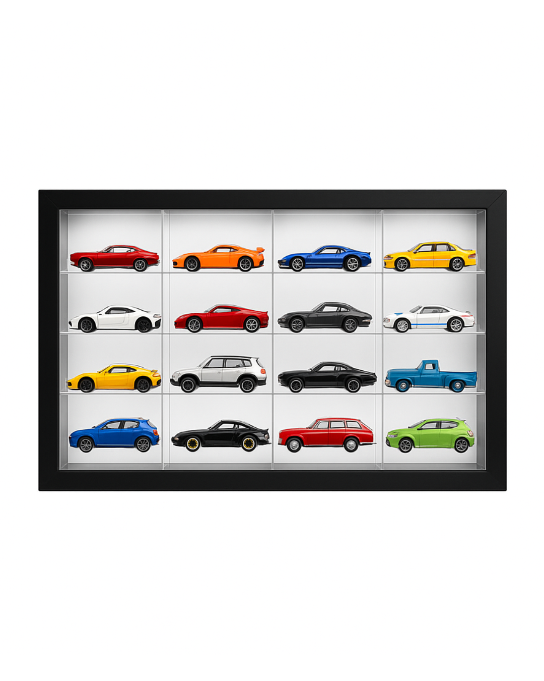 1:64 Scale Diecast Car Display Case with LED White Light – 16 Car Organizer, Black Frame