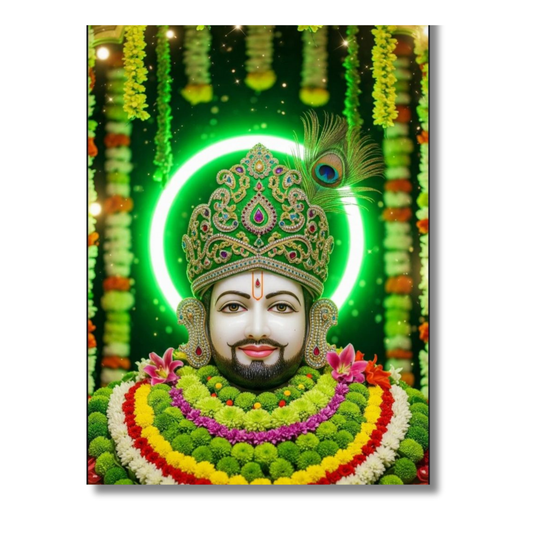 Shri Khatu Shyam Ji Green Aura Golden Crown Wall Frame | HD Gloss Finish Devotional Wall Art | Premium Hindu Religious Photo Frame for Home Mandir, Pooja Room & Office