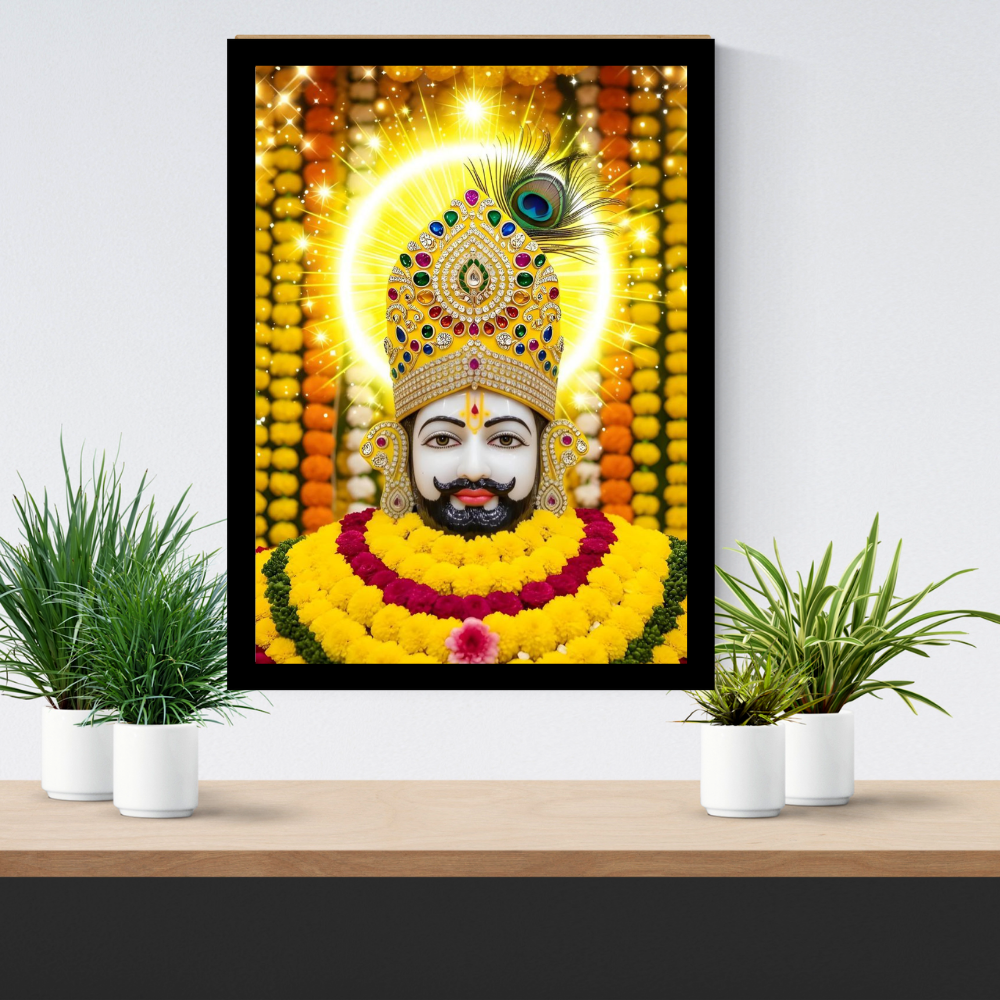 Shri Khatu Shyam Ji Golden Crown Wall Frame | HD Gloss Finish Devotional Photo | Premium Hindu Religious Wall Art for Home Mandir, Pooja Room & Office