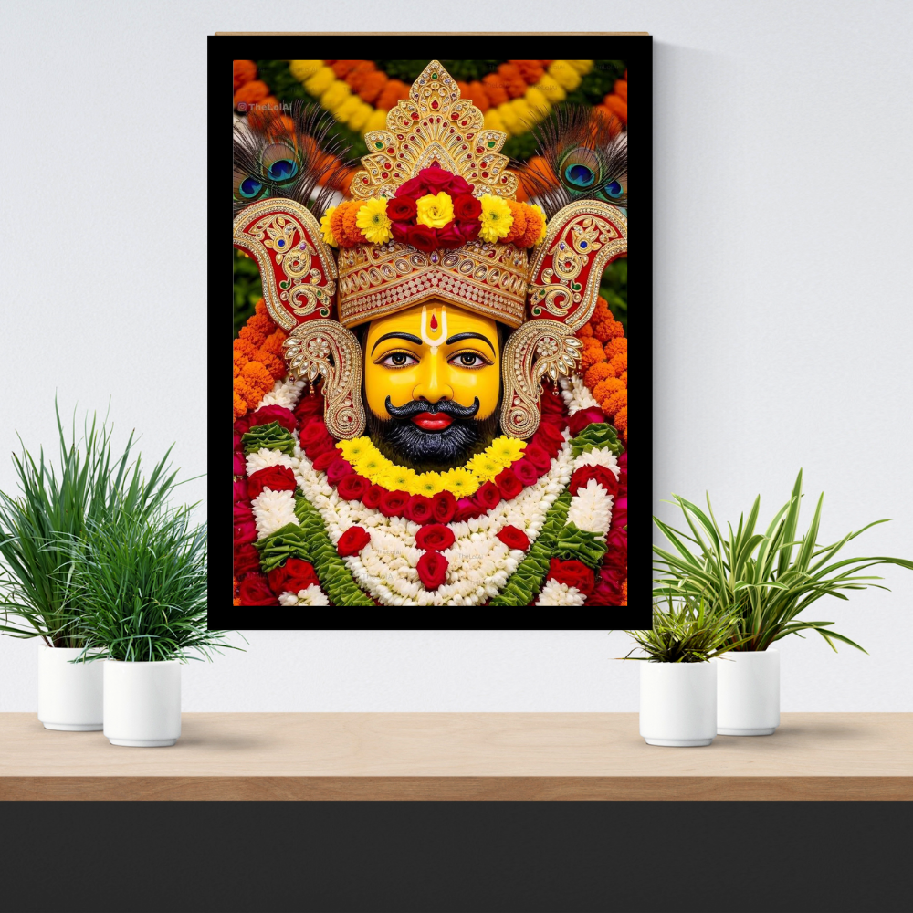Shri Khatu Shyam Ji Floral Golden Mukut Wall Frame | HD Gloss Finish Devotional Photo | Premium Hindu Religious Wall Art for Home Mandir, Pooja Room & Office