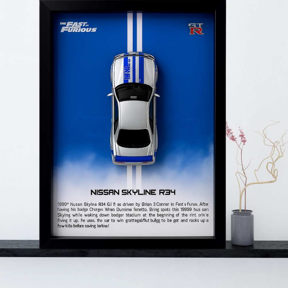 Fast & Furious Nissan Skyline R34 GT-R Diecast Car Frame 1:32 – 3D Wall Art for Collectors & Movie Fans