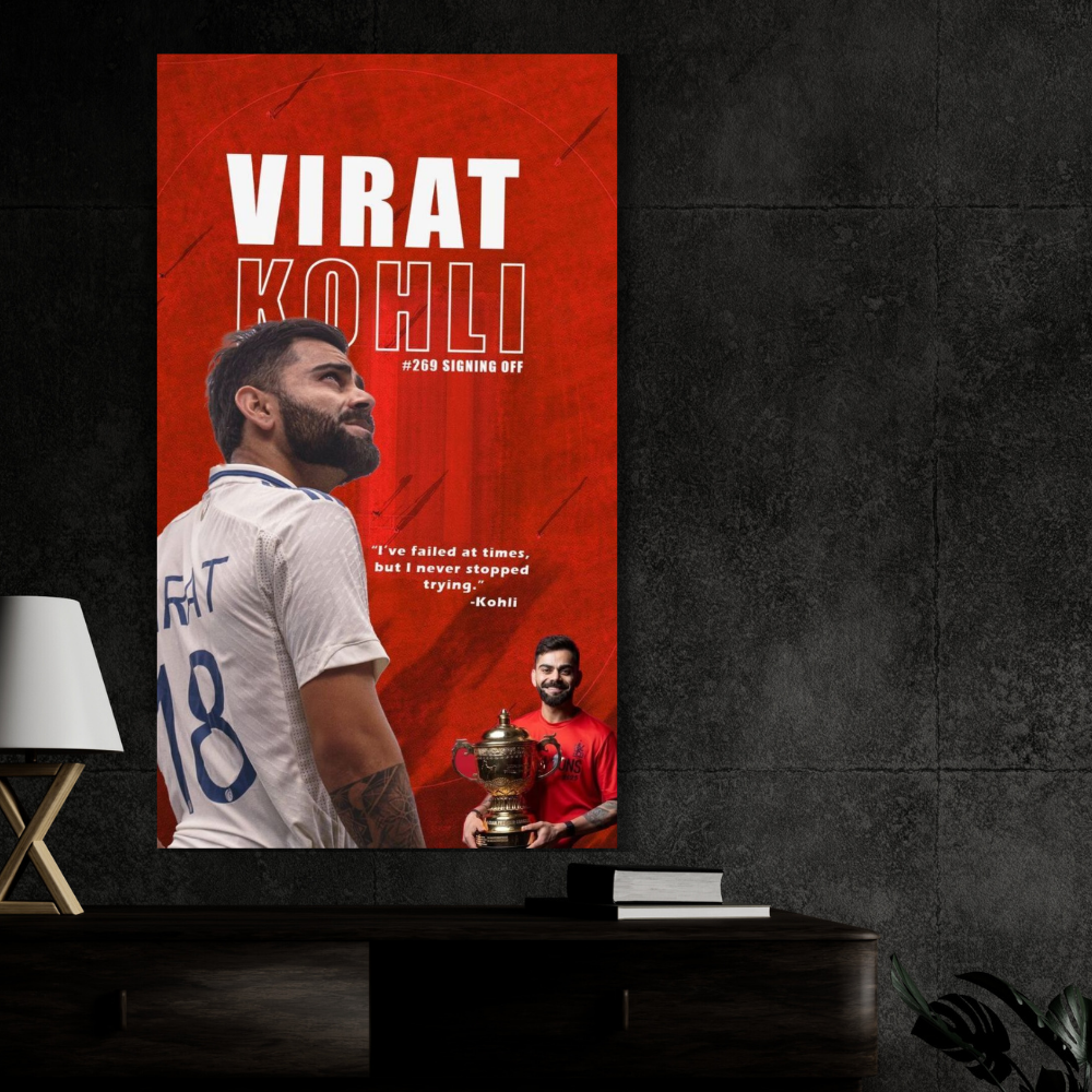 Virat Kohli Premium Aluminium Glossy Frame | Metal Poster Wall Art for Home & Room Decor | Cricket Legend HD Artwork | Ultra-Gloss Finish | Living Room, Bedroom, Office Decoration |