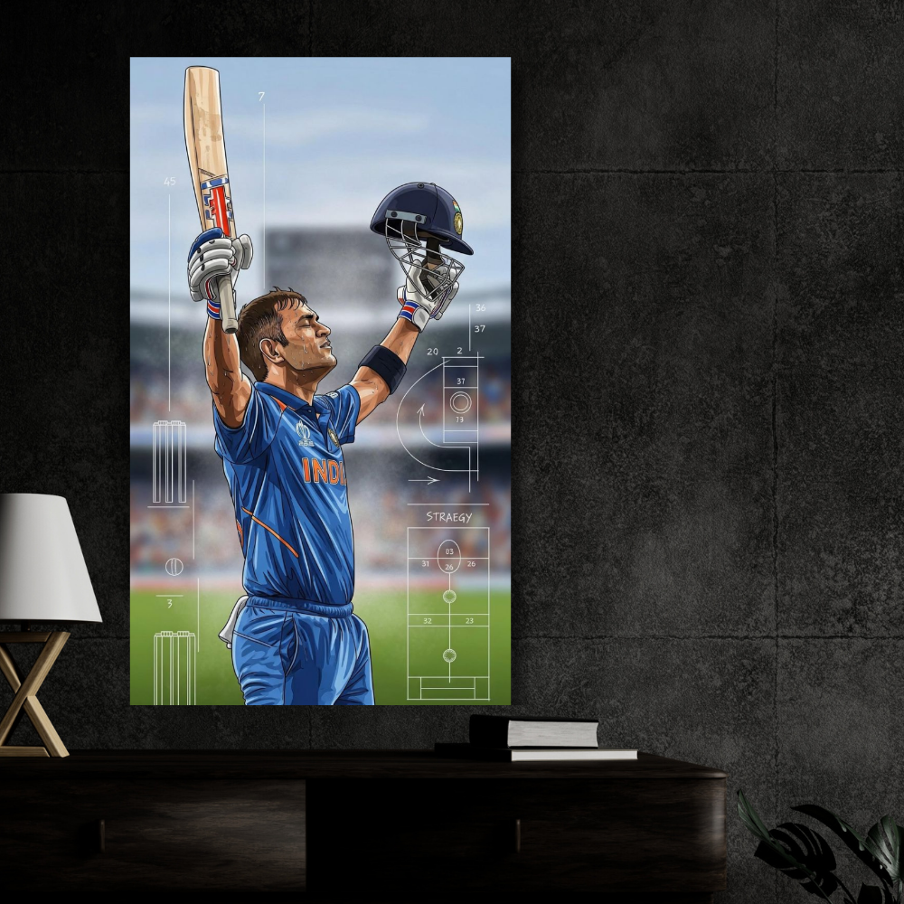 MS Dhoni Aluminium Glossy Metal Poster | Premium Cricket Wall Art Frame for Home & Office Décor | HD Printed Metal Sheet | Sports Room, Bedroom, Living Room Decoration | Cricket Legend Artwork (Gloss Finish)