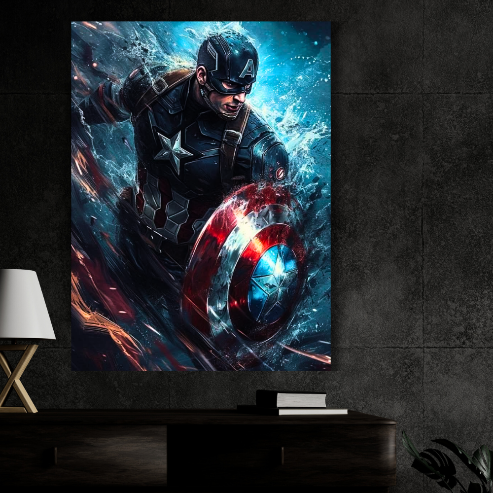 Premium Glossy Aluminium Metal Poster – Captain America Inspired Shield Artwork | HD Printed Aluminium Wall Decor for Bedroom, Gaming Room, Office & Studio | Waterproof, Fade-Proof Superhero Wall Frame