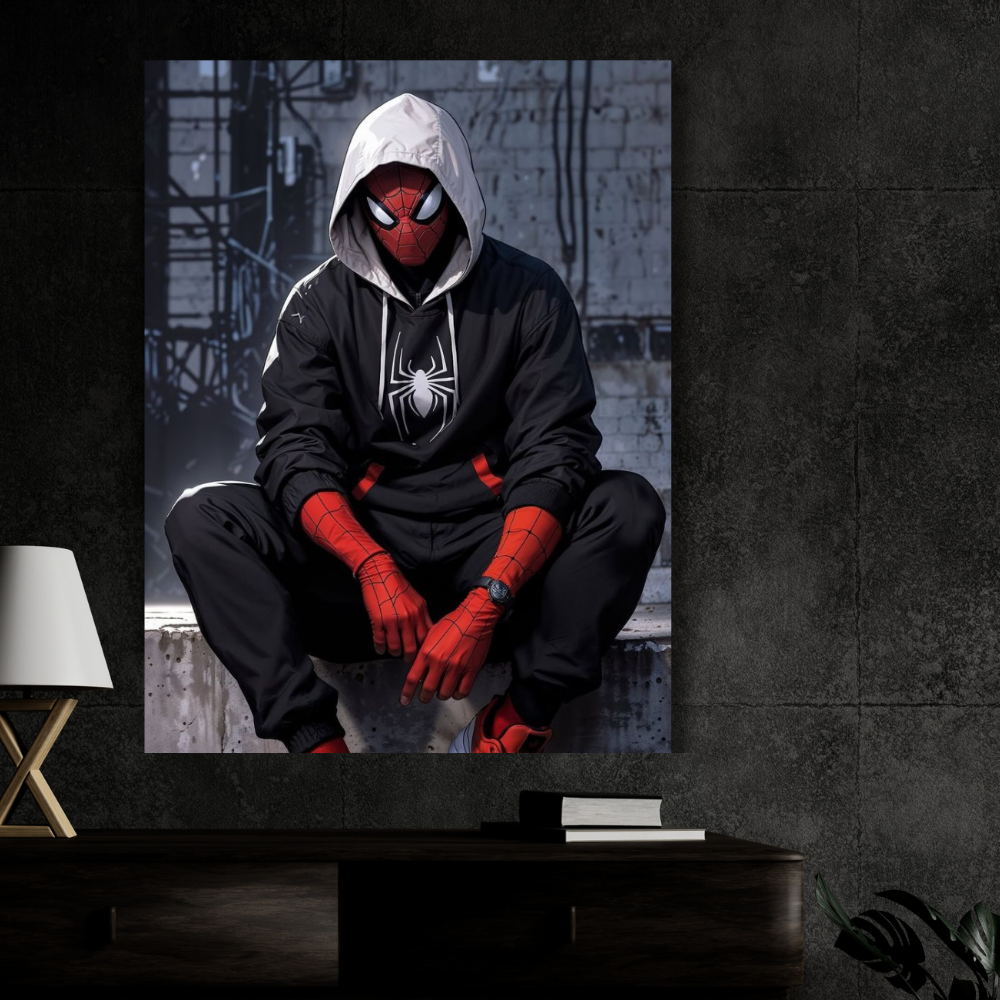 Premium Glossy Aluminium Metal Poster – Spider-Man Inspired Urban Hoodie Artwork | HD Printed Aluminium Wall Decor for Bedroom, Gaming Room, Studio & Office | Waterproof, Fade-Proof Superhero Wall Frame