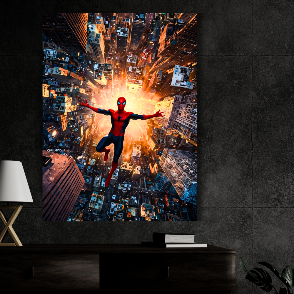 Premium Glossy Aluminium Metal Poster – Spider-Man Inspired City Dive Artwork | HD Printed Aluminium Wall Decor for Bedroom, Gaming Room, Office & Studio | Waterproof, Fade-Proof Superhero Frame