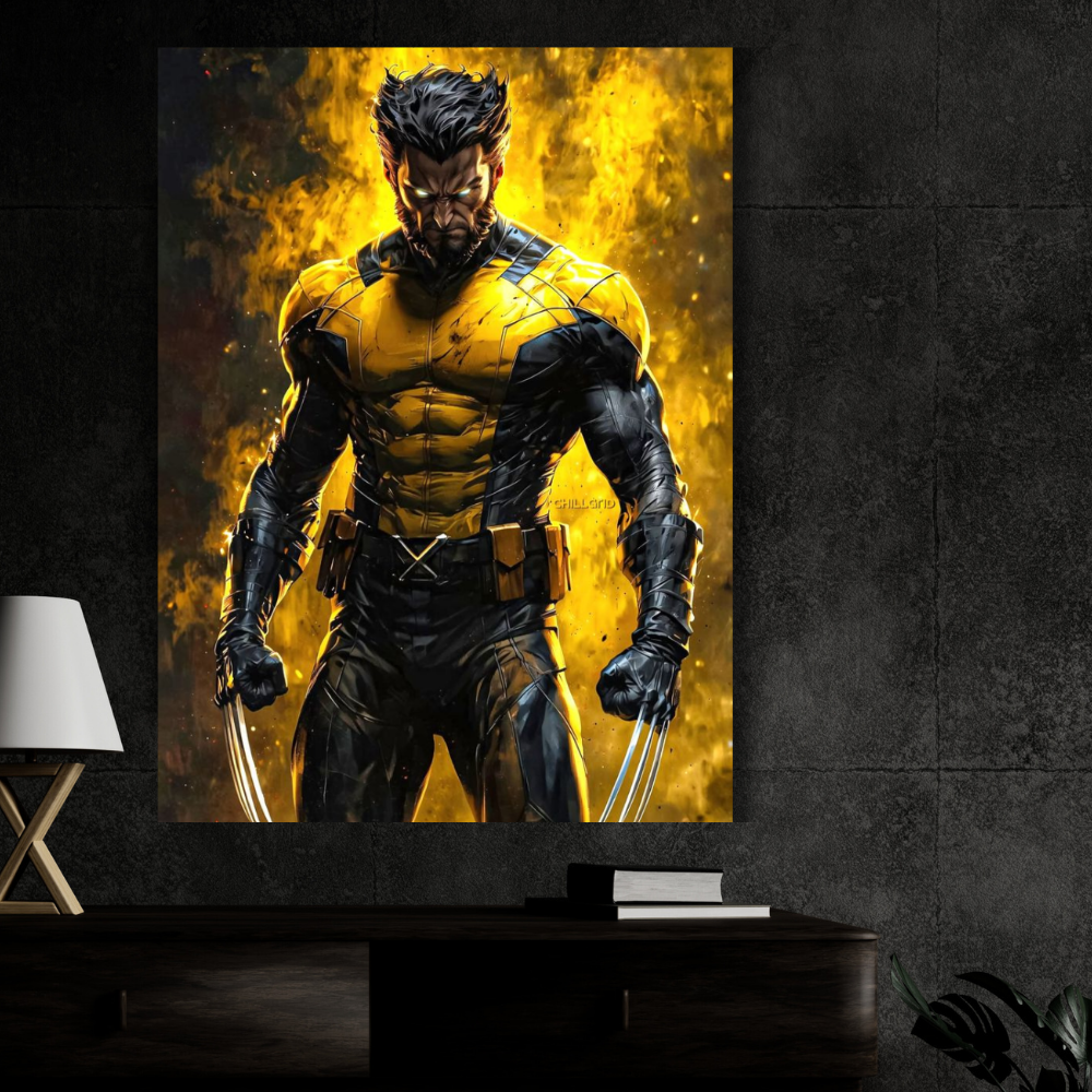 Premium Glossy Aluminium Metal Poster – Wolverine-Inspired Yellow & Black Warrior Artwork | HD Printed Aluminium Wall Decor for Bedroom, Gaming Room, Office & Studio | Waterproof, Fade-Proof Superhero Wall Frame