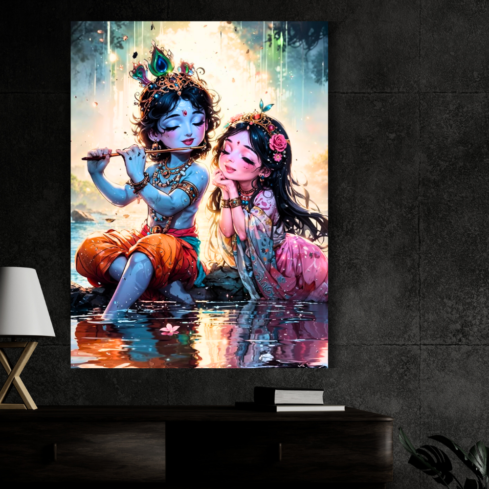 Premium Glossy Aluminium Metal Poster – Radha Krishna Flute Artwork by the Riverside | HD Hindu Spiritual Wall Decor for Home Temple, Living Room, Bedroom & Meditation Corner | Waterproof, Fade-Proof Devotional Frame
