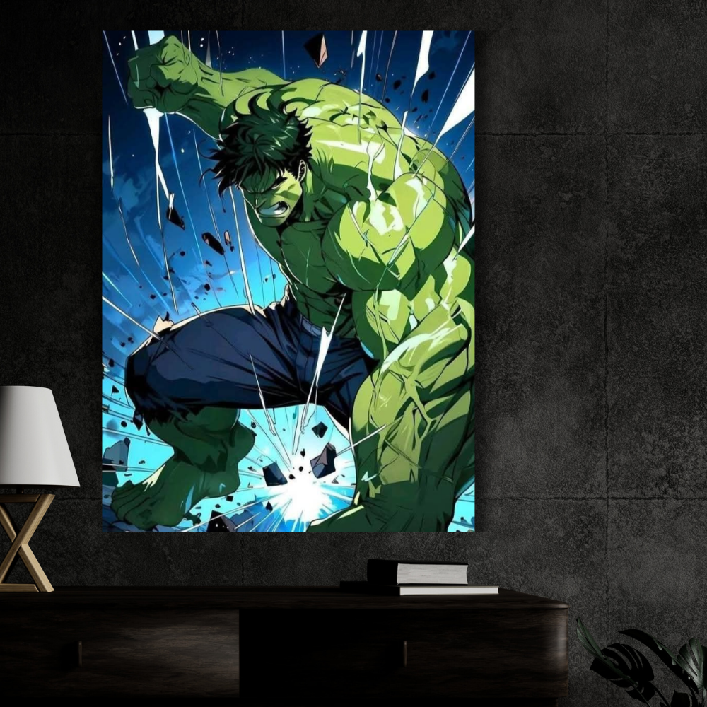 Premium Glossy Aluminium Metal Poster – Hu1k-Inspired Smash Action Artwork | HD Printed Aluminium Wall Decor for Bedroom, Gaming Room, Office & Studio | Waterproof, Fade-Proof Superhero Wall Frame