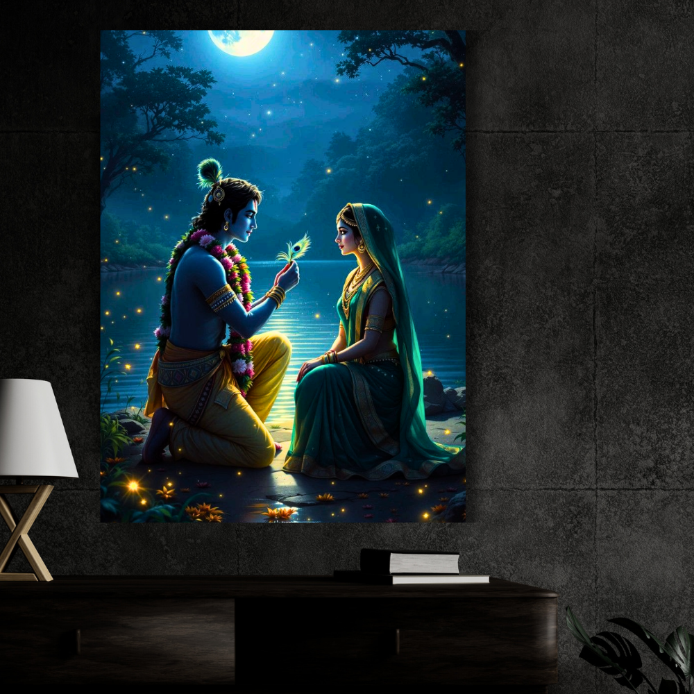 Premium Glossy Aluminium Metal Poster – Radha Krishna Moonlight Artwork | HD Hindu Spiritual Wall Decor for Home Temple, Living Room, Bedroom & Meditation Space | Waterproof, Fade-Proof Devotional Wall Frame