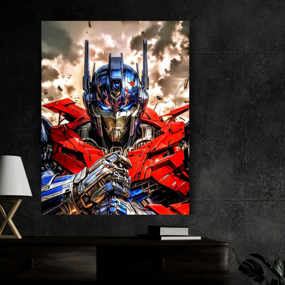 Premium Glossy Aluminium Metal Poster – 0ptimus Prime Inspired Cyber Mech Artwork | HD Printed Aluminium Wall Decor for Bedroom, Gaming Room, Office & Studio | Waterproof, Fade-Proof Sci-Fi Wall Frame