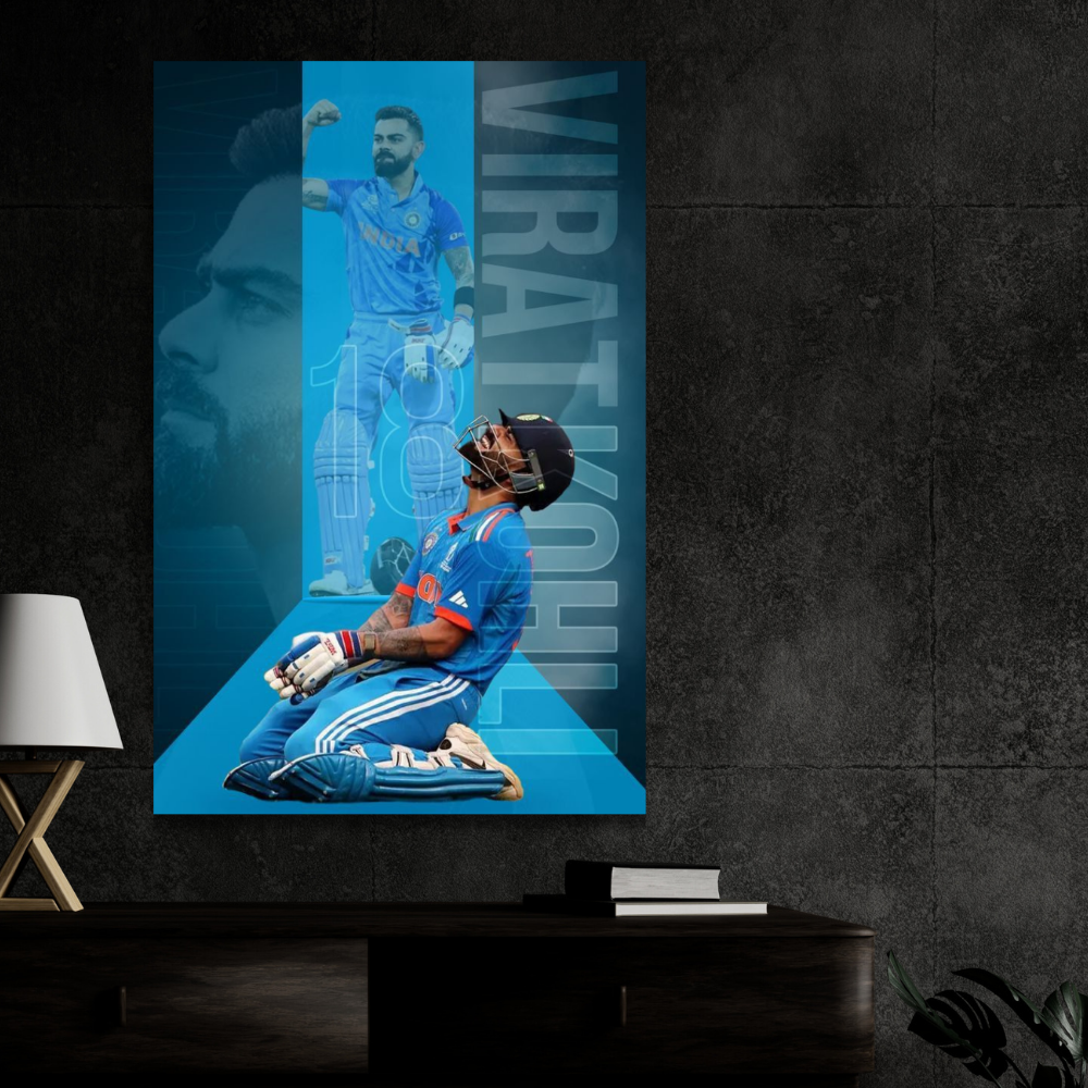 Virat Kohli Cricket Action Aluminium Glossy Metal Poster | Premium HD Wall Art Frame for Room, Office & Home Decor | Waterproof, Fade-Proof Metal Wall Poster | Cricket Legend Art Print (Glossy Finish)