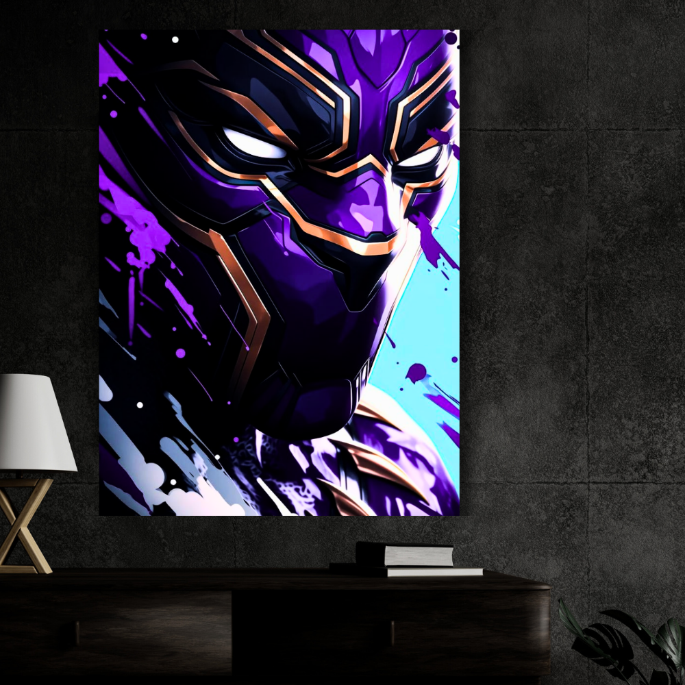 Premium Glossy Aluminium Metal Poster – Black Panther Inspired Vibrant Purple Artwork | HD Printed Aluminium Wall Decor for Bedroom, Gaming Room, Office & Studio | Waterproof, Fade-Proof Superhero Wall Frame
