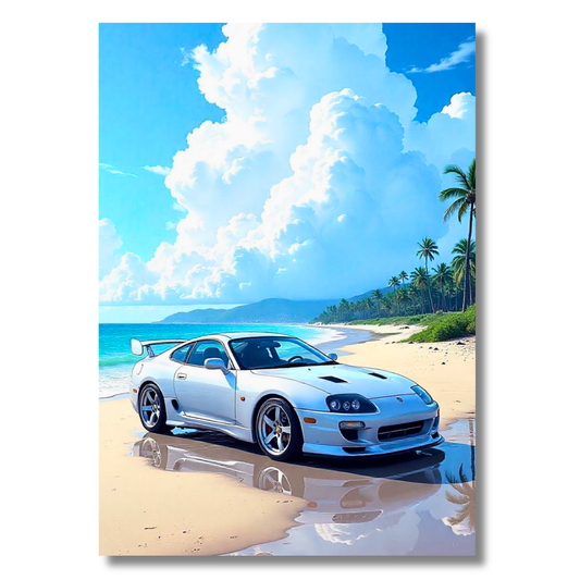 Toyota Supra Aesthetic Poster Wall Art | Tropical JDM Sports Car Artwork for Office, Garage & Gaming Room