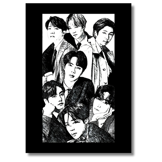 BTS Inspired K-Pop Boy Band 2D Framed Wall Art Poster | 7-Member Music Icon Sketch Design | HD Gloss Finish Fan Art Frame for Bedroom, Studio & Modern Home Décor