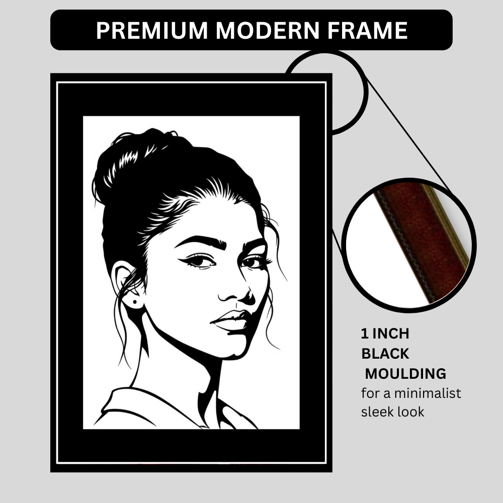 Zendaya Inspired Fashion Portrait 2D Framed Wall Art Poster | HD Gloss Finish Black & White Illustration | Modern Celebrity Aesthetic Wall Frame for Bedroom, Living Room & Studio