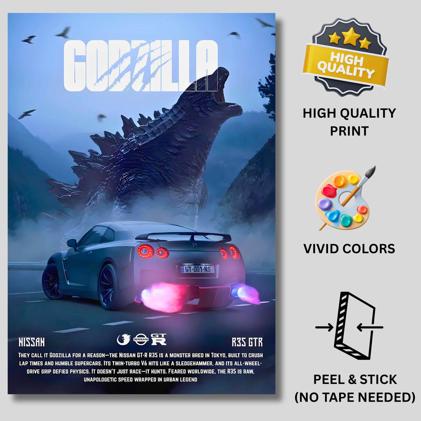 Nissan GT-R R35 Godzilla Poster Wall Art | JDM Supercar Aesthetic Poster for Gaming Room, Bedroom & Office | Premium Automotive Decor Print