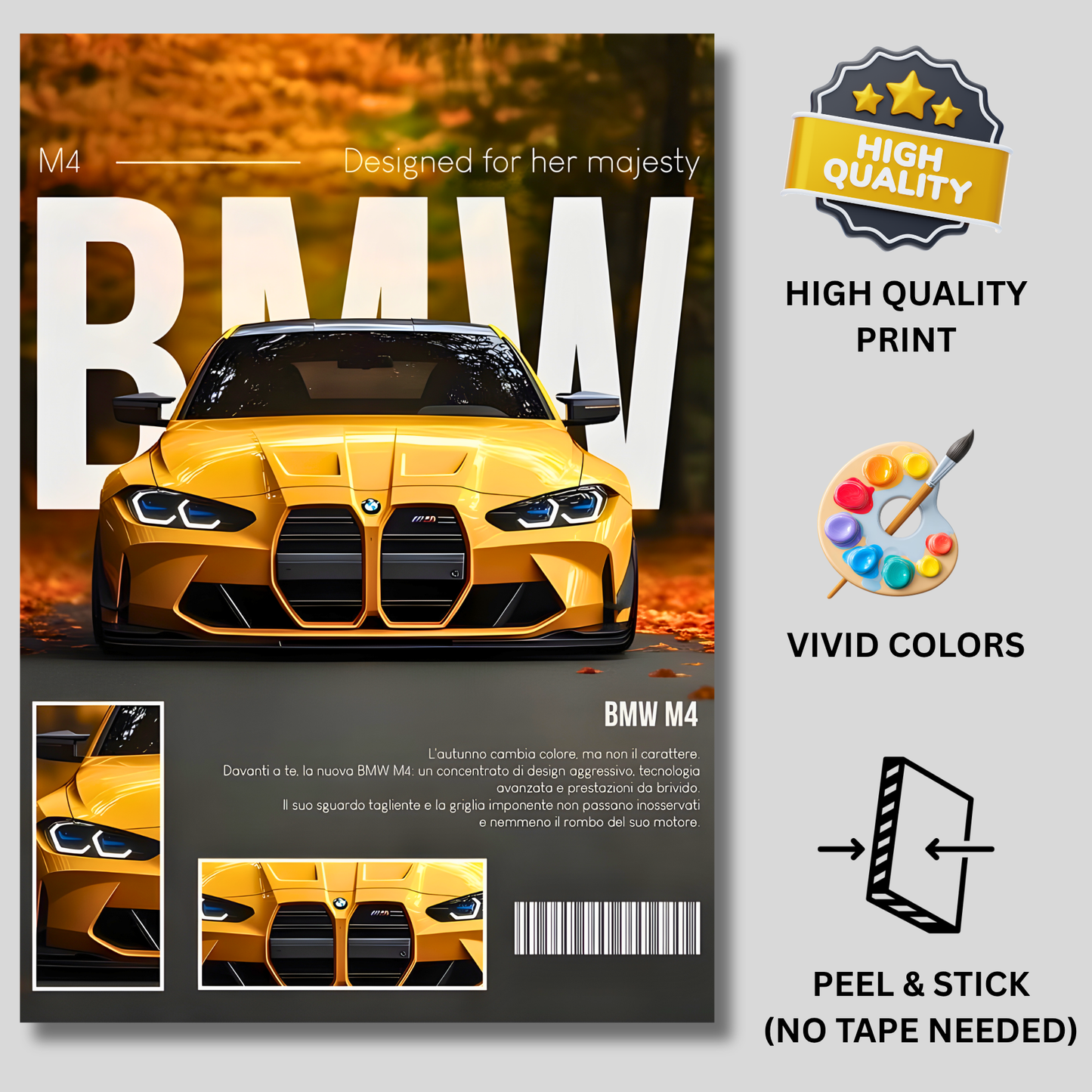 BMW M4 Competition Poster Wall Art | Yellow BMW Sports Car Aesthetic Poster for Bedroom, Gaming Room & Office | Premium Automotive Decor Print