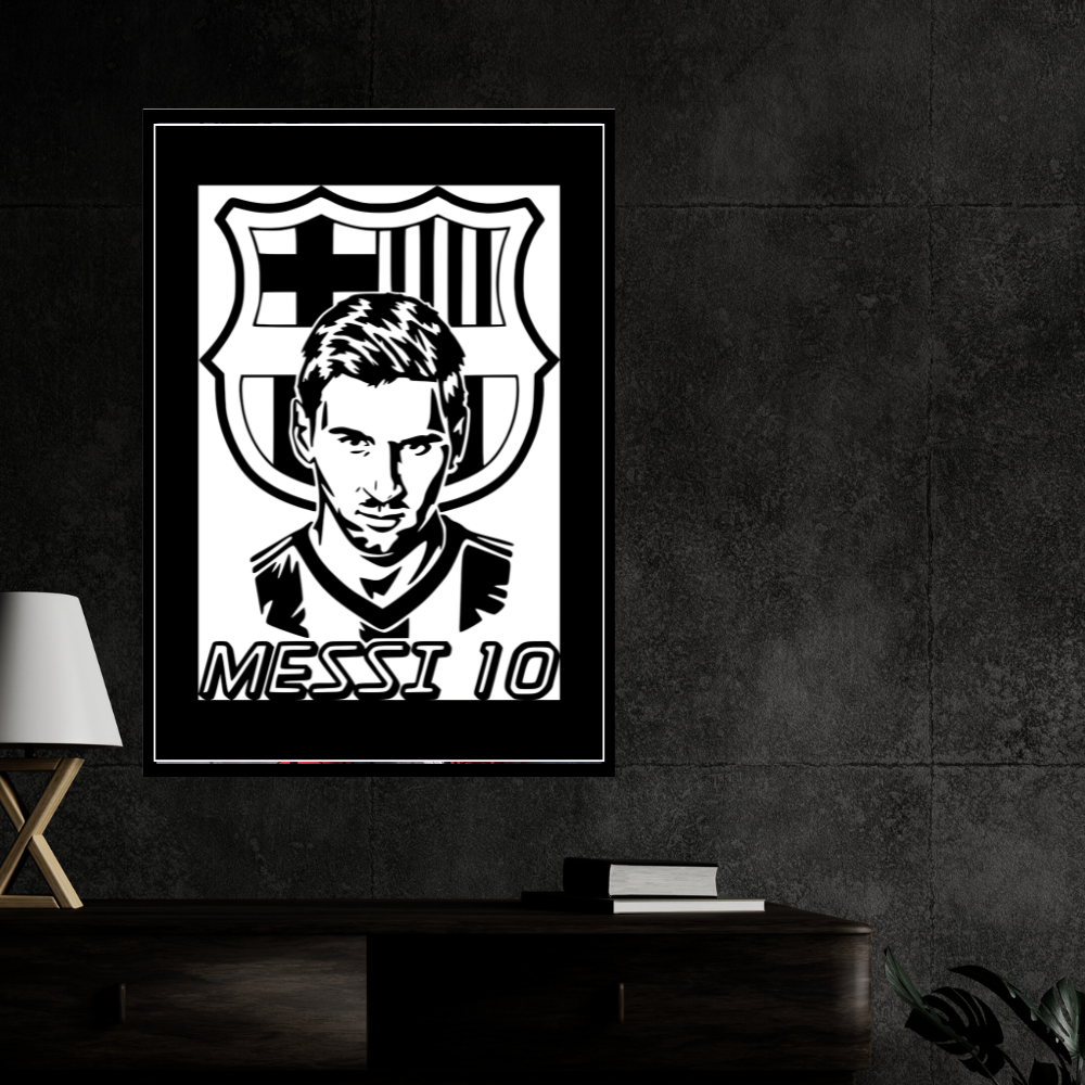 LIONEL MESSI Football Legend 2D Framed Wall Art Poster | HD Gloss Finish Black & White Portrait | Iconic Jersey No. 10 Sports Décor Frame for Home, Office & Gym