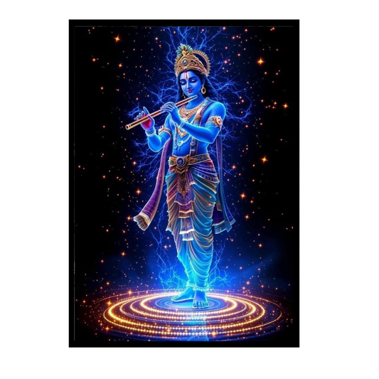 Lord Krishna Playing Flute Cosmic Wall Art | HD Glossy 2D Frame | Divine Krishna Spiritual Poster for Home Mandir, Living Room & Meditation Space