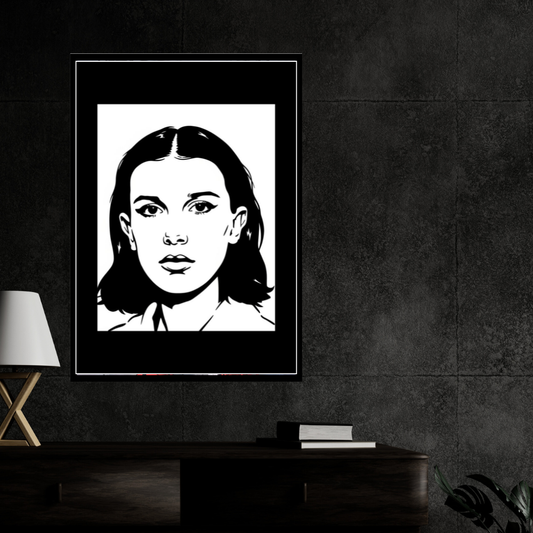 Millie Bobby Brown Inspired Portrait 2D Framed Wall Art Poster | HD Gloss Finish Black & White Illustration | Iconic TV Character Aesthetic Wall Frame for Bedroom & Studio