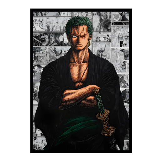 Roronoa Zoro 2D Glossy HD Wall Frame | One Piece Anime Samurai Artwork | Manga Collage Poster | Premium Gloss Finish Wall Decor for Anime Fans