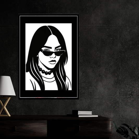 Billie Eilish Inspired Fashion Silhouette 2D Framed Wall Art Poster | HD Gloss Finish Black & White Portrait | Modern Music Icon Aesthetic Wall Frame for Bedroom & Studio