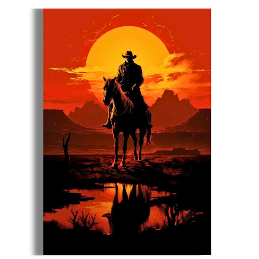 Western Cowboy Sunset Poster | Vintage Cowboy Wall Art | Wild West Horse Rider Poster for Bedroom, Office & Gaming Room | Premium Glossy Wall Poster