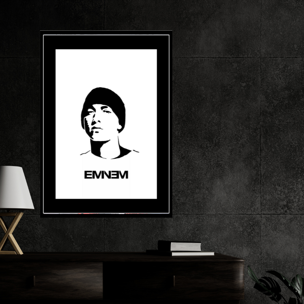 Eminem Inspired Minimalist Portrait 2D Framed Wall Art Poster | Hip-Hop Rap Icon Aesthetic | HD Gloss Finish Black & White Silhouette Frame for Bedroom & Studio Décor