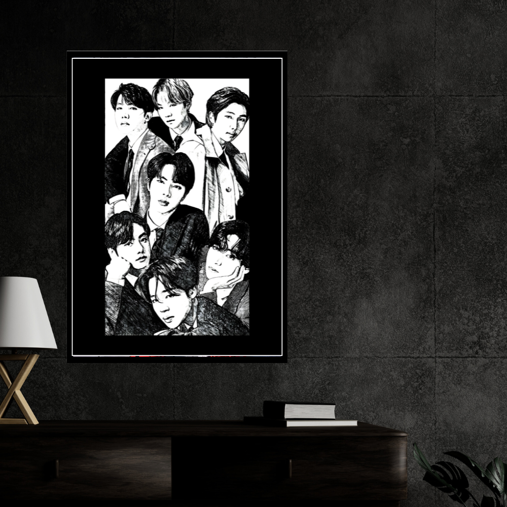 BTS Inspired K-Pop Boy Band 2D Framed Wall Art Poster | 7-Member Music Icon Sketch Design | HD Gloss Finish Fan Art Frame for Bedroom, Studio & Modern Home Décor