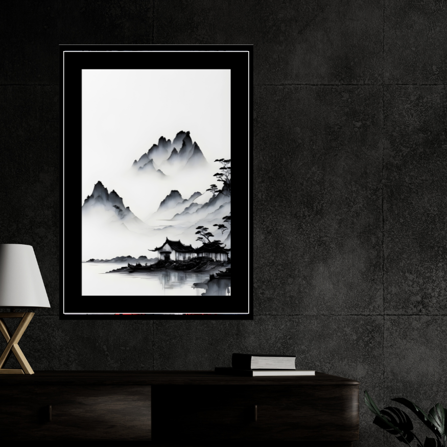 Minimalist Ink Mountain Landscape 2D Framed Wall Art Poster | Japanese Zen Style Misty Mountains & Lake Painting | HD Matte Finish Modern Wall Frame for Home & Office Décor